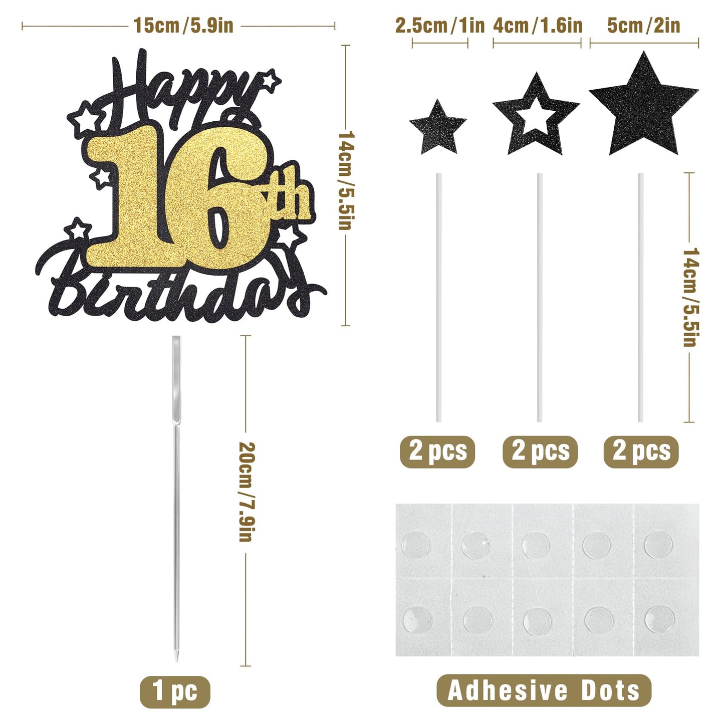 Happy 16Th Birthday Cake Topper, Black And Gold Glitter Cake Toppers, 16 Year Birthday Party Cake Decoration