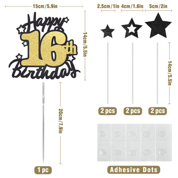 Happy 16Th Birthday Cake Topper, Black And Gold Glitter Cake Toppers, 16 Year Birthday Party Cake Decoration