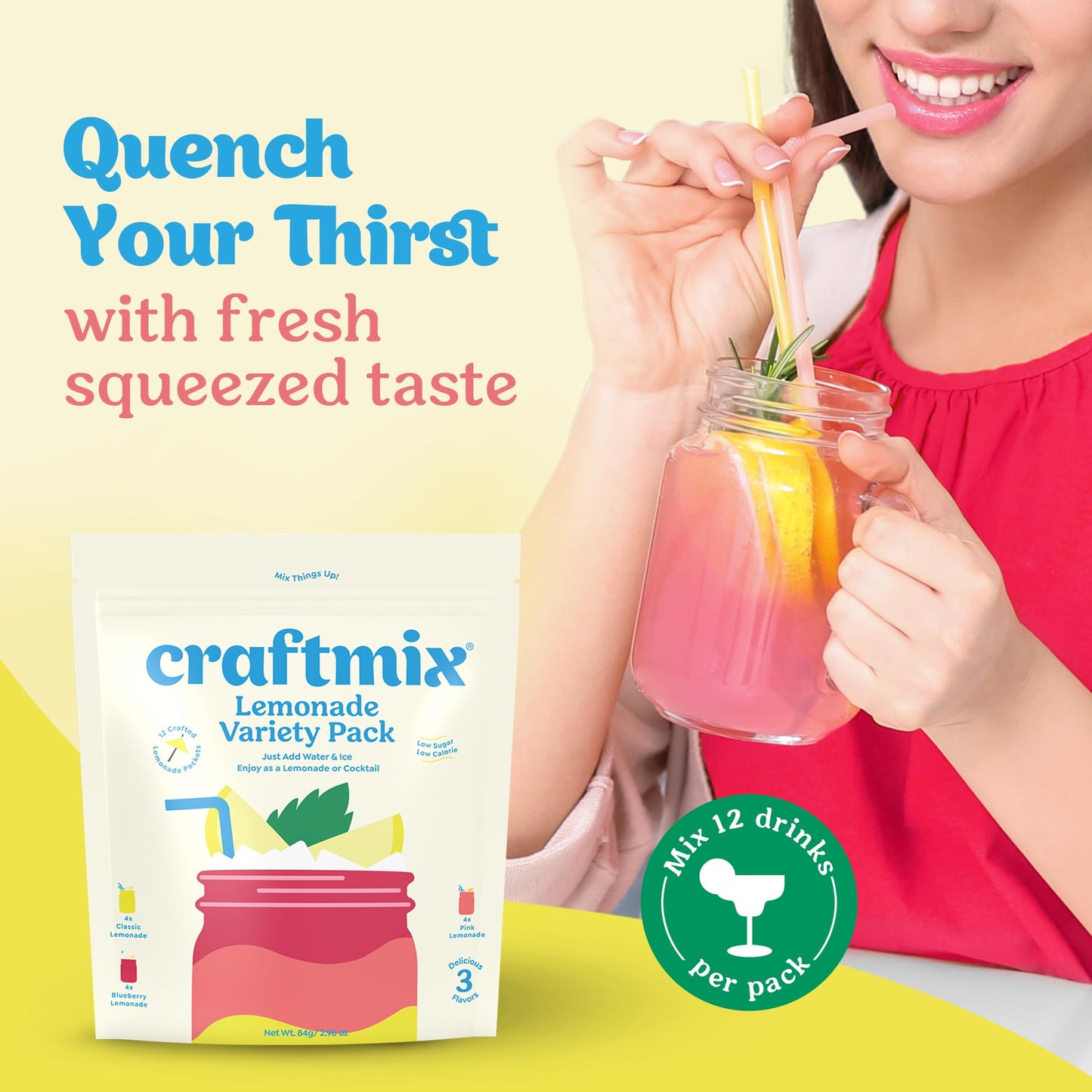 Craftmix Lemonade Variety Mix  12 Packets  Easy Powder Drink with Real Fruit  Low-Sugar  Vegan  Low-Carb  Non-GMO  Dairy-Free  Gluten-Free  Flavored Water Enhancer  On-the-Go Water Flavoring Packets