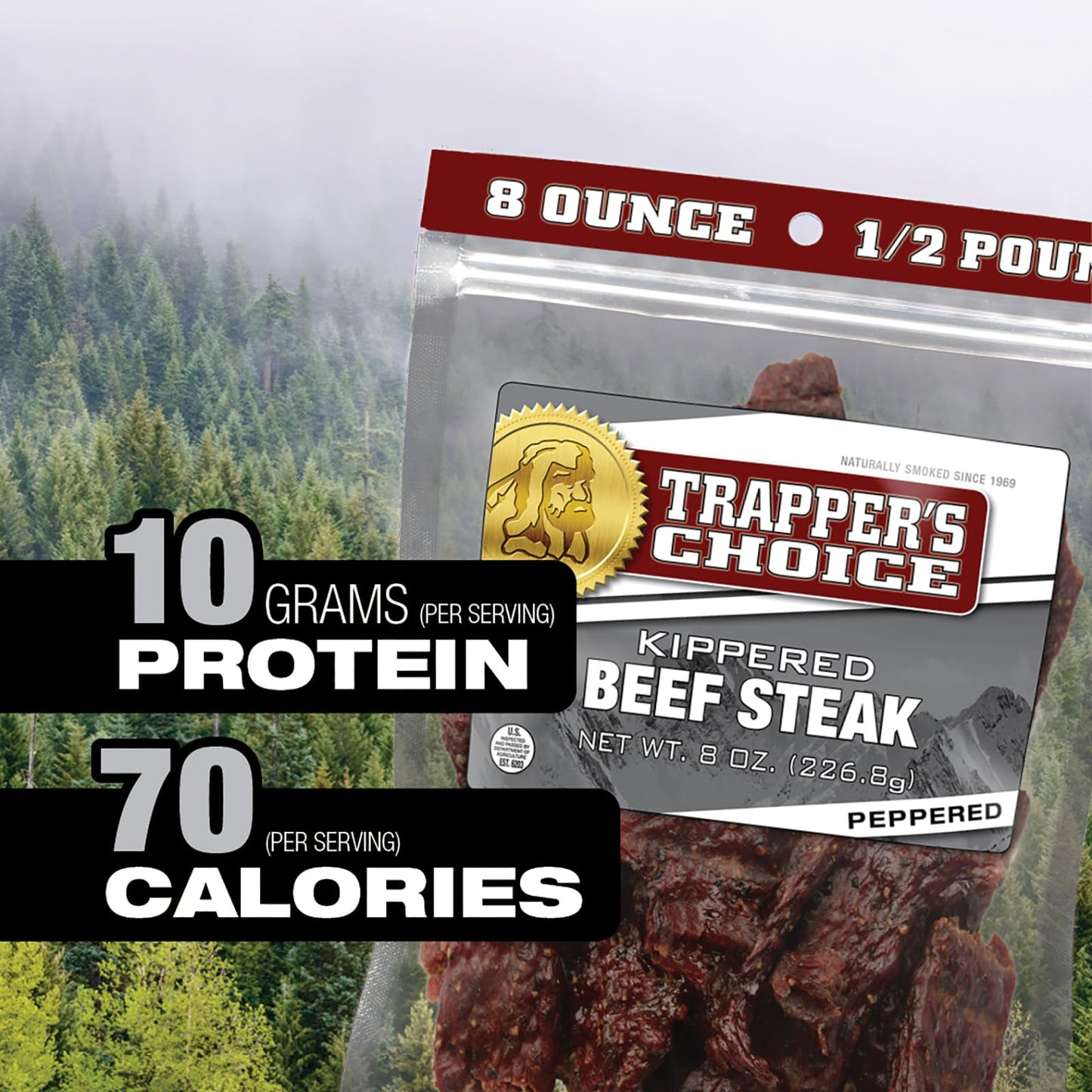 Old Trapper, Trappers Choice Peppered Kippered Steak, Eight-Ounce Individual Package, Spicy Meat Snacks, 11 Grams of Protein an