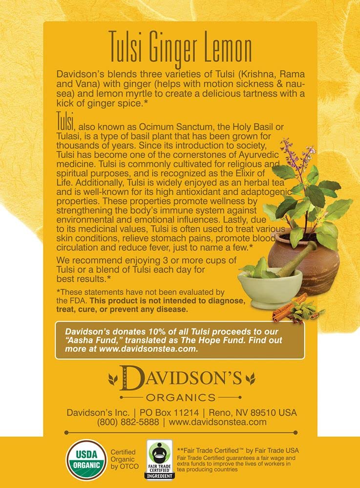 Davidson'S Organics, Tulsi Ginger Lemon, 8-Count Tea Bags, Pack Of 12