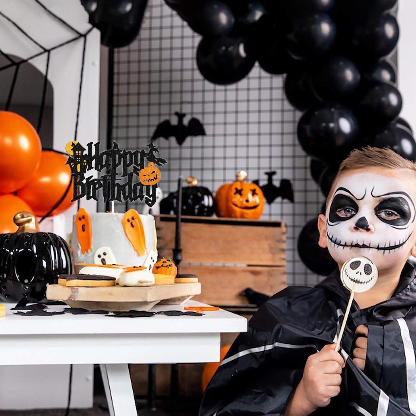 YOYMARR Halloween Cake Topper for Wizard Ghost Pumpkin Theme, Black Sparkle Decor, 7.3 x 4.75, Ideal for Birthday Party Supplies