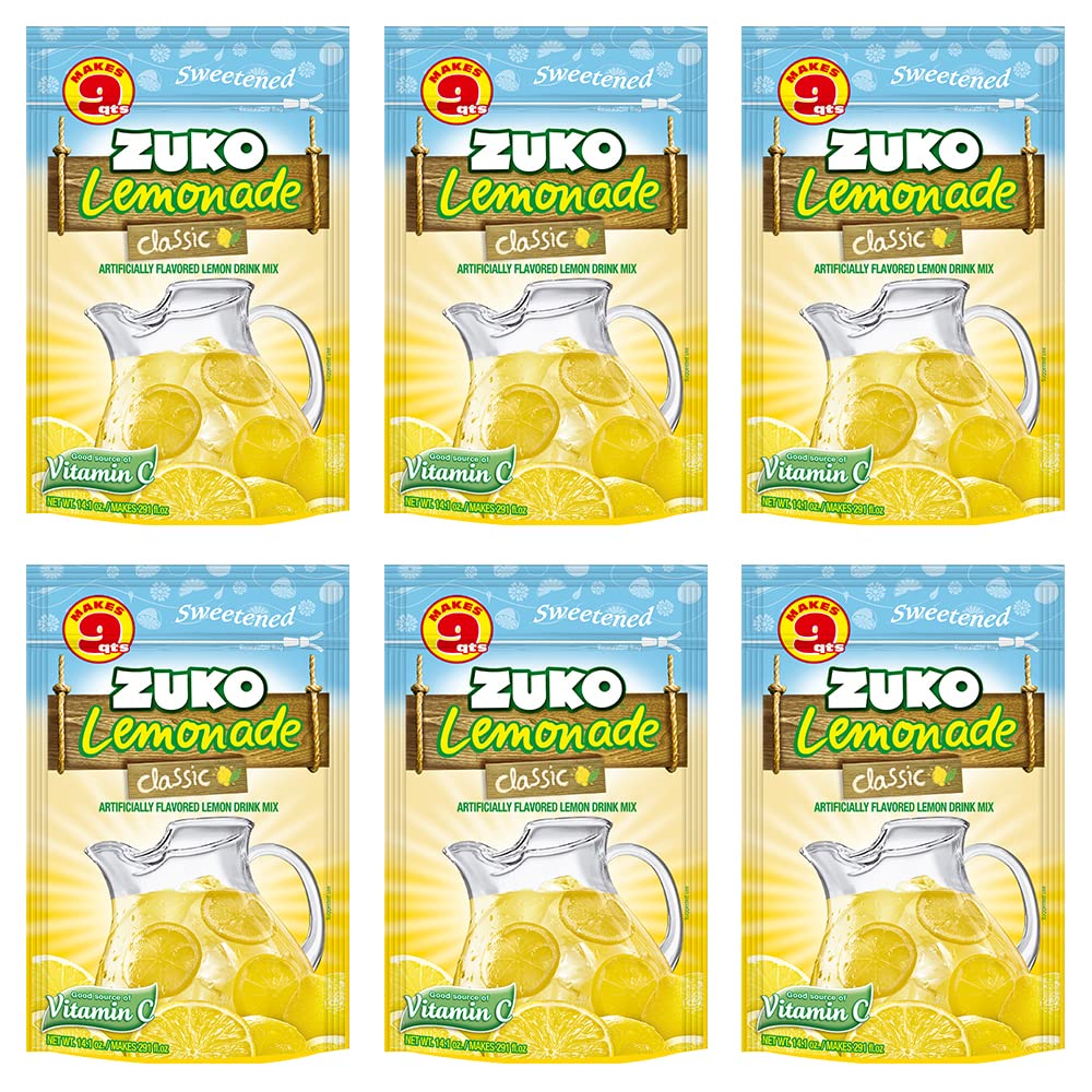 ZUKO Classic Lemonade Instant Powder Drink, Family Pack 14.01 Oz, No Sugar Needed, Vitamin C (Pack of 6)