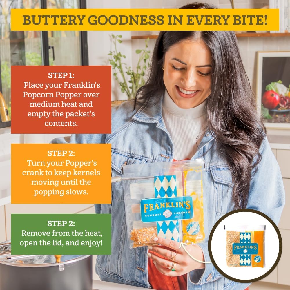 Franklins Gourmet Popcorn All-In-One Pre-Measured Packs - 4oz. Pack of 10 - Butter Flavored Coconut Oil + Butter Salt Popcorn Se