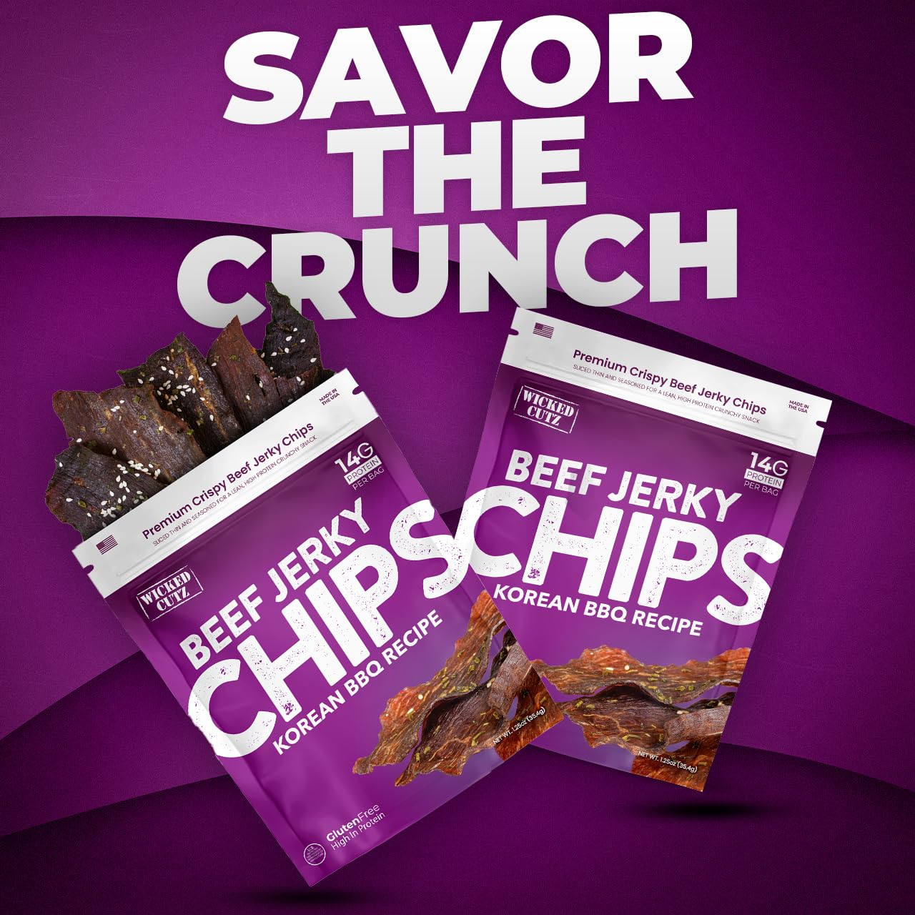 Wicked Cutz Korean Bbq Beef Jerky Chips, 14G Protein Per Bag, Crispy & Crunchy Beef Jerky Crisps, Usa Made Barbeque Flavored Chi