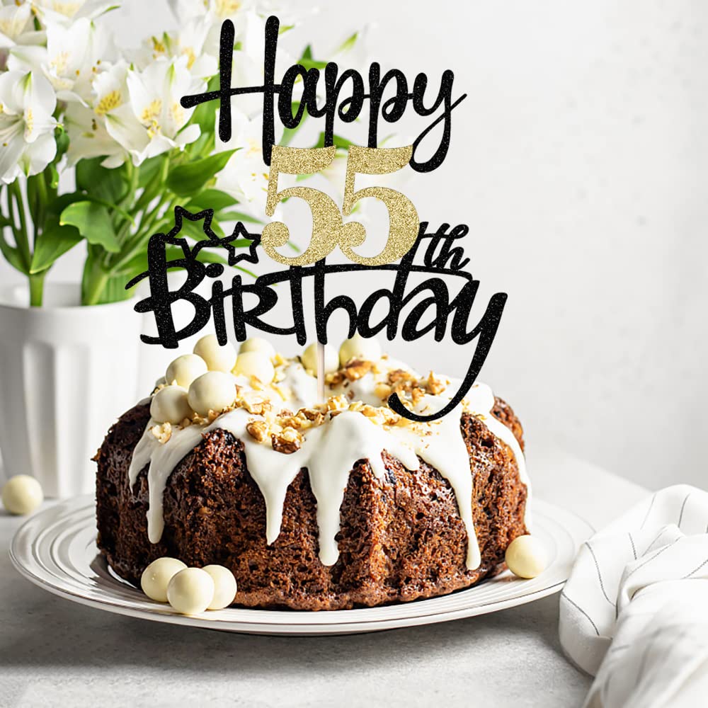 Kaoenla Black Gold Glitter Happy 55Th Birthday Cake Topper - Hello 55/Cheers 55,Happy Fifty-Five Birthday Anniversary,55 Years O