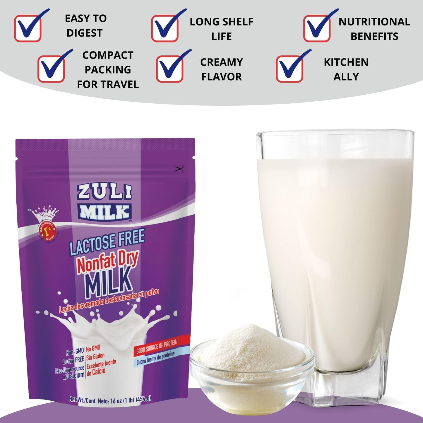 ZULI MILK Nonfat Dry Milk Powder for Baking & Coffee, Fat Free, Lactose Free, 16oz (Pack of 3)