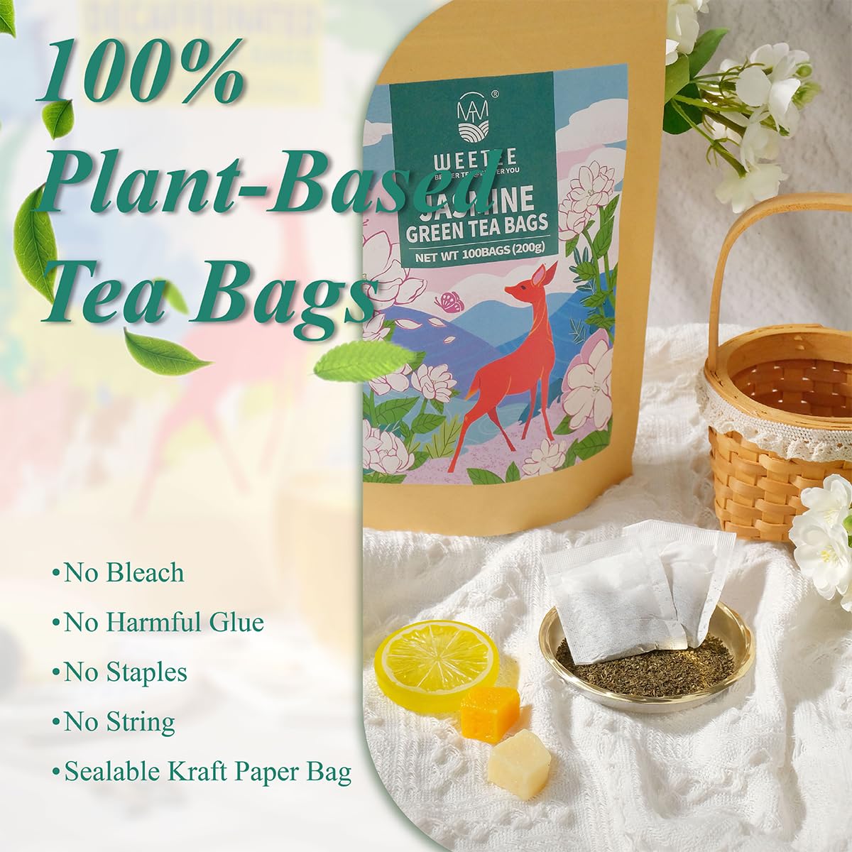 Wt Weetee Jasmine Green Tea Bags, 100 Count Jasmine Scented Green Tea, Refreshing & Relaxing, No Artificial Flavors | Resealable