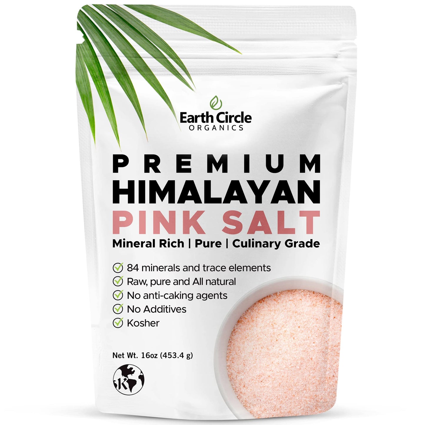 Earth Circle Organics Himalayan Pink Fine Grain Salt - Pure Culinary Grade, 16 Ounce, Kosher, Nutrient Dense