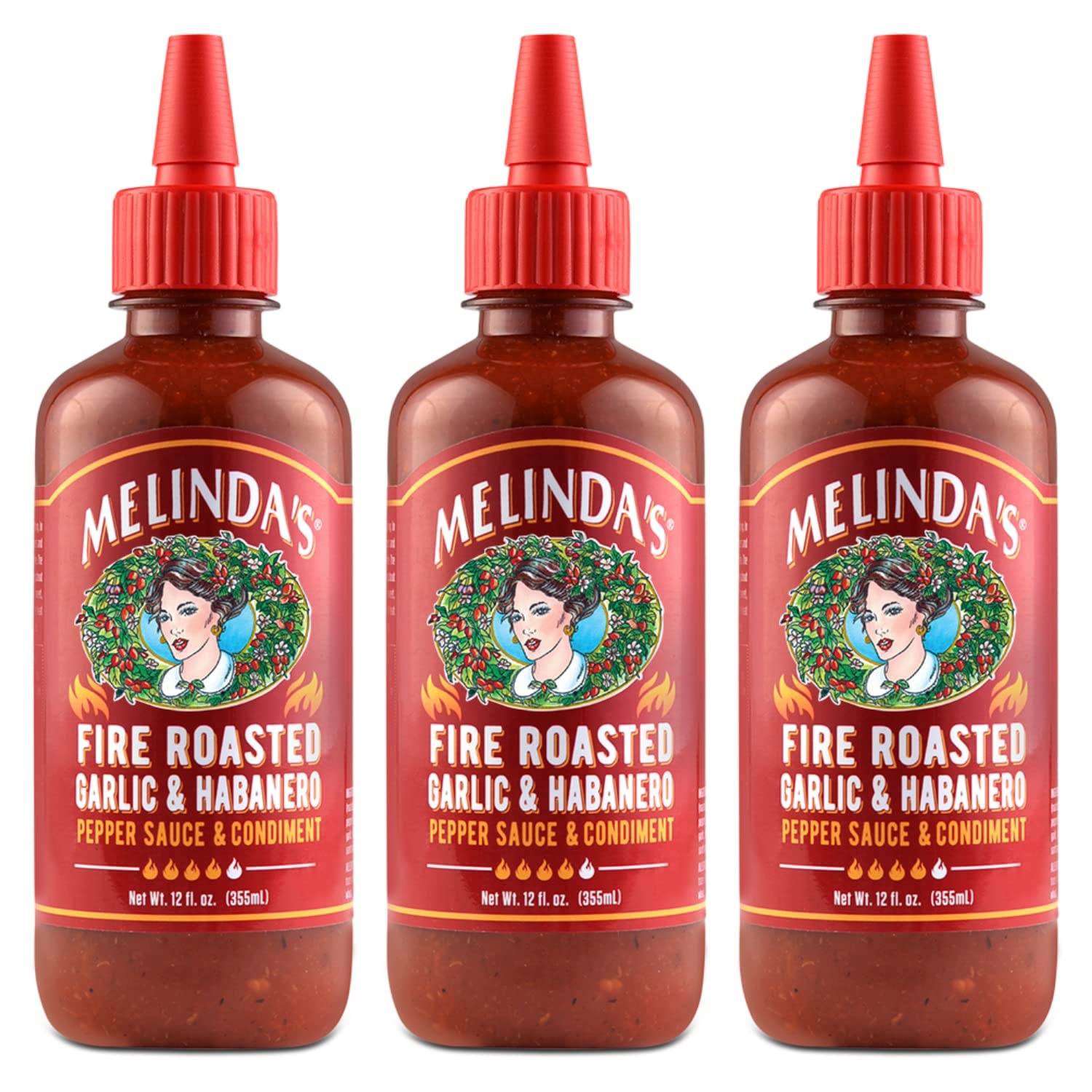 Melindas Fire Roasted Garlic & Habanero Hot Sauce, 12oz (Pack of 3) - Smoky Flavor, Perfect for Spicing Up Meals
