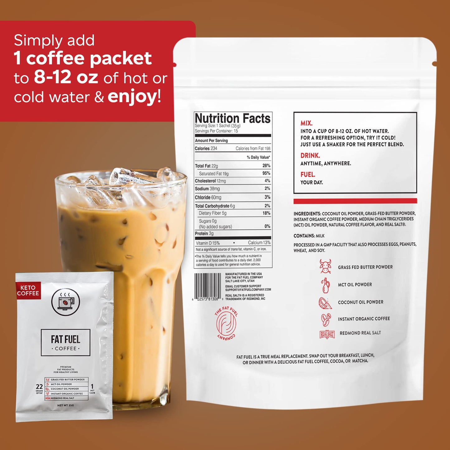 Keto Meal Replacement Coffee Packets with MCT Oils  Coconut Oil  Grass-Fed Butter  and Redmond Real Salt - Organic Instant Coffee by Fat Fuel Company (15 Servings)