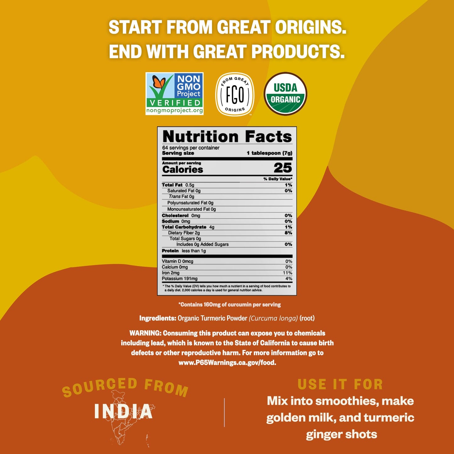 Fgo Organic Turmeric Powder W/Curcumin, 100% Raw From India, 8Oz (Pack Of 1)