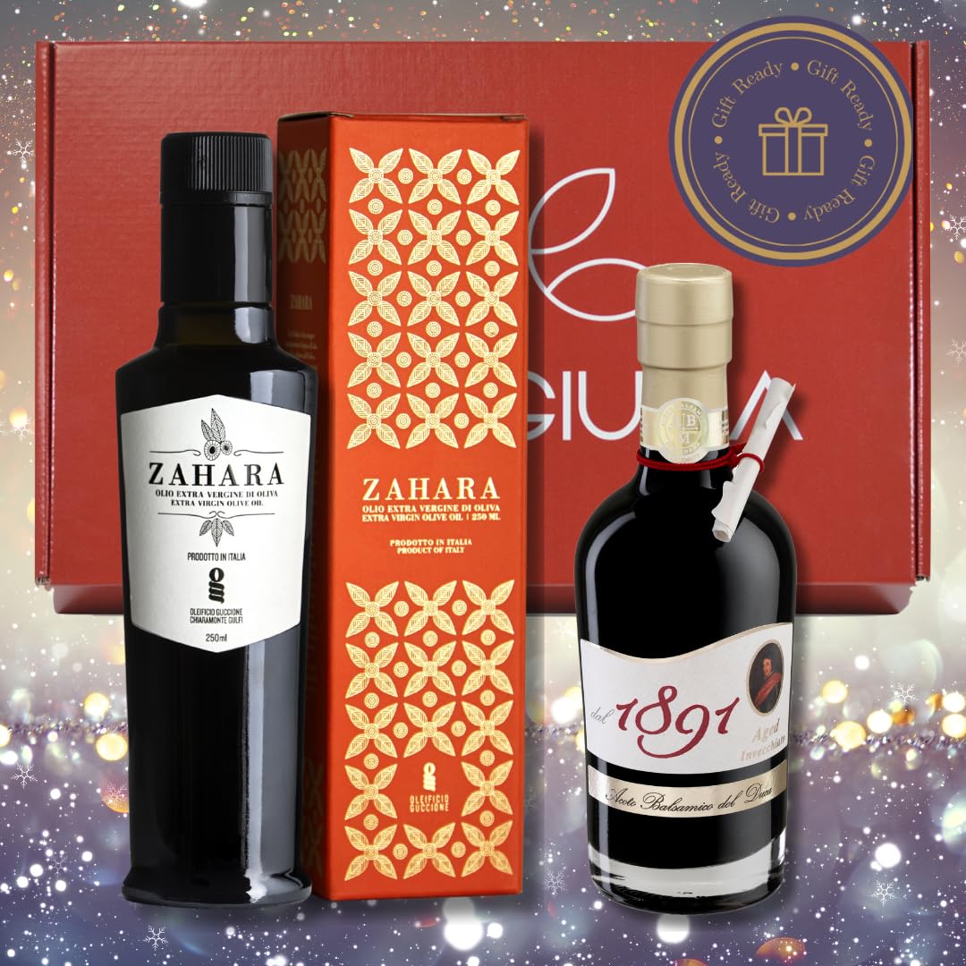 Brava Giulia Selections Gift Box | Premium Gourmet Italian Aged Del Duca Balsamic Vinegar Of Modena And Zahara Extra Virgin Oliv