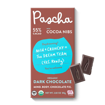 Pascha Organic Vegan Dark Chocolate Bars 55% Cacao with Cocoa Nibs, 2.8 oz, Pack of 10