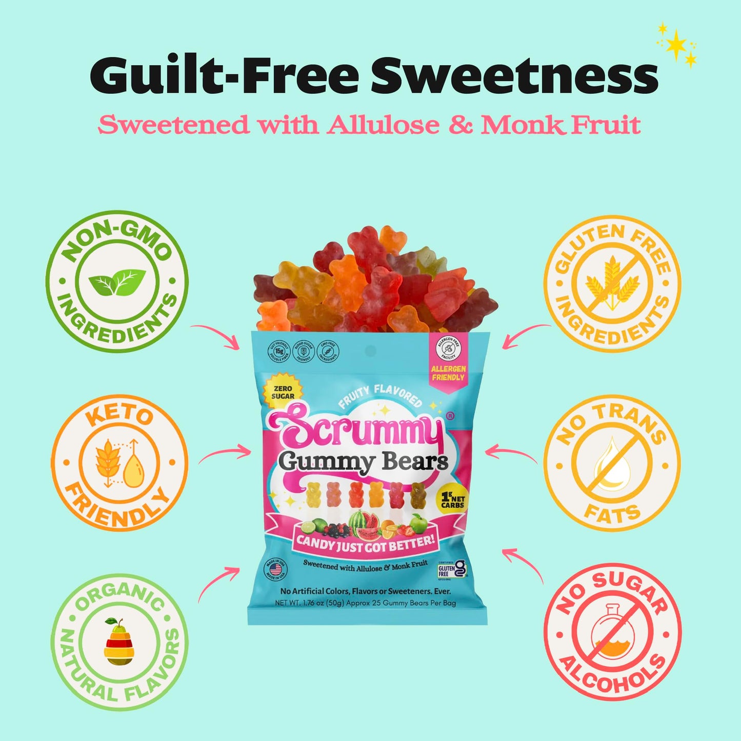 Scspirit-inspired flavormy Sugar Free Gummy Bears - 8 Bags, 1.8 Oz Each, Gluten-Free, Keto-Friendly, No Artificial Colors or Flavors