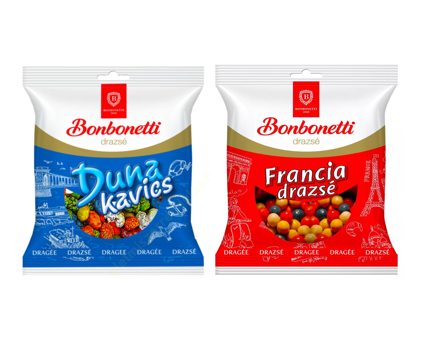 Old-School Hungarian Sweets (Bonbonetti Dunakavics and French Dragee Candies, 2 x 70 G)