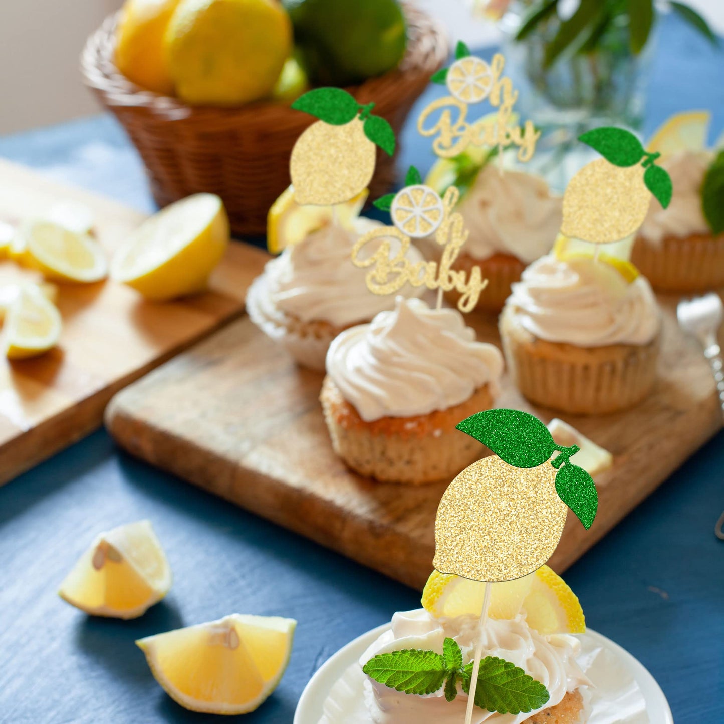 24Pcs Lemon Oh Baby Cupcake Toppers Glitter Fruit Theme Oh Baby Lemonade Party Cupcake Picks For Lemon Theme Baby Shower Kids Bo