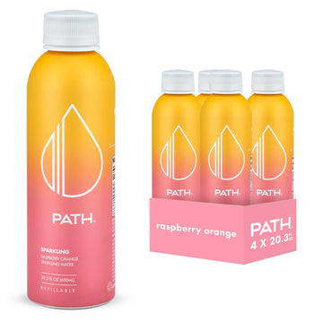 PATH Raspberry Orange Flavored Sparkling Water - Ultra-Purified, pH-Balanced Carbonated Soda Water in Aluminum Water Bottle - BP