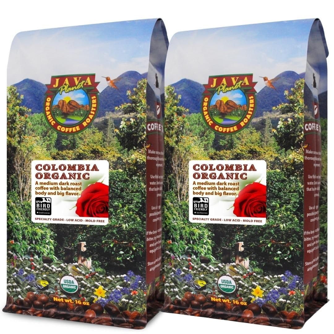 Low Acid Organic Coffee – Whole Bean, Mold-Free & Stomach Friendly by Java  t, Colombian Single Origin, Medium Dark Roast, Smooth Full Flavored, 2x1LB Bag