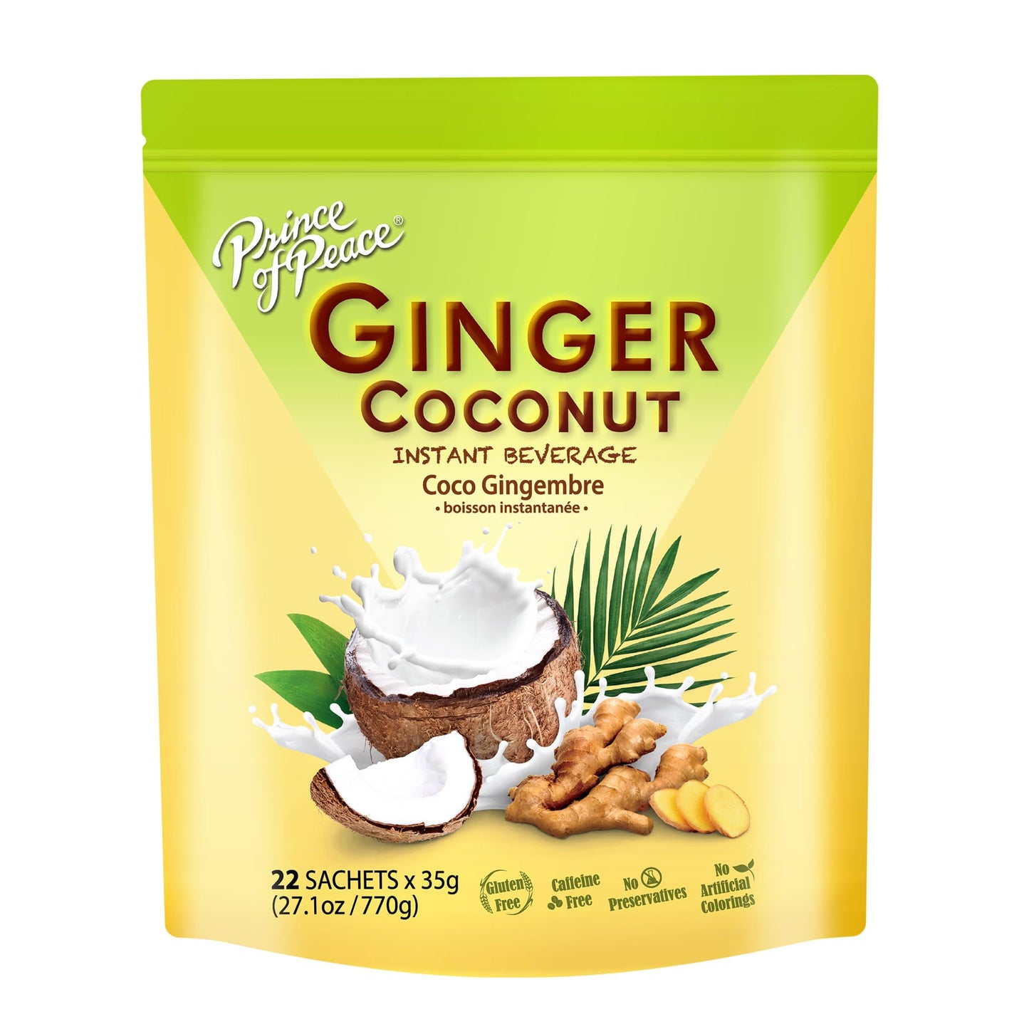 Prince Of Peace Ginger Coconut Instant Beverage, Caffeine and Gluten Free, 22 Sachets, Easy to Brew, Hot or Cold