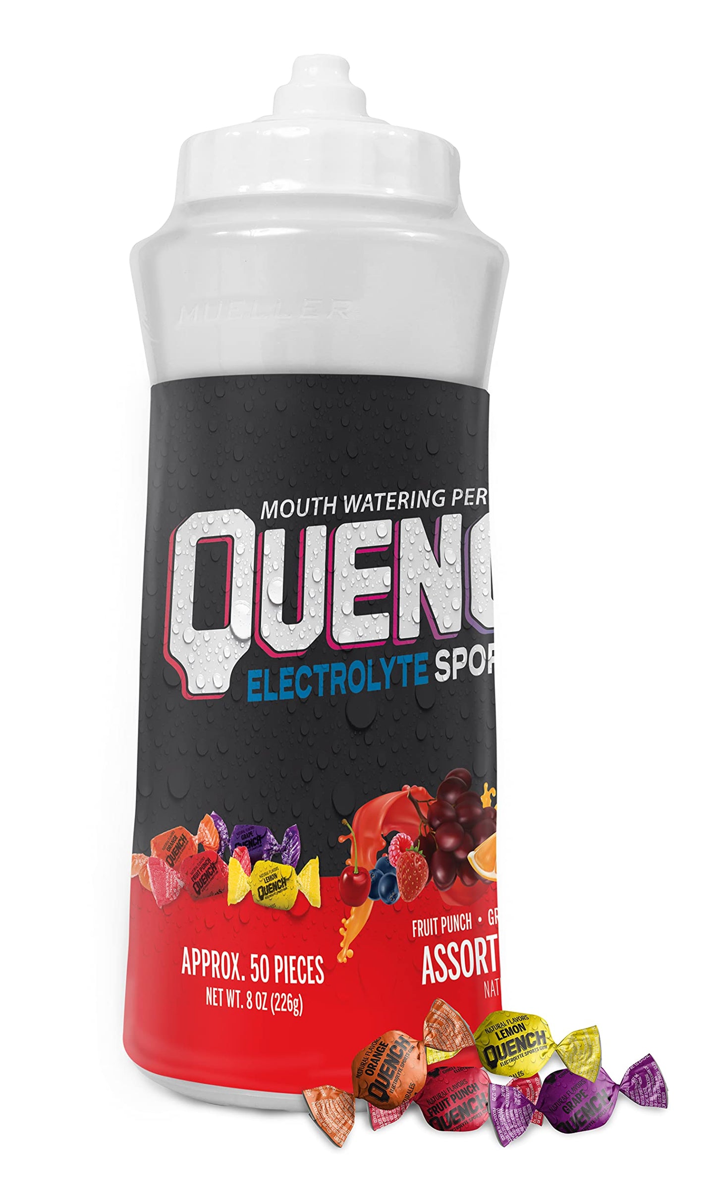 MUELLER Quench Gum Bottle - Electrolytes Chewing Gum for Athletes, Assorted Fruity Flavors, 50 Count, 8 Ounce