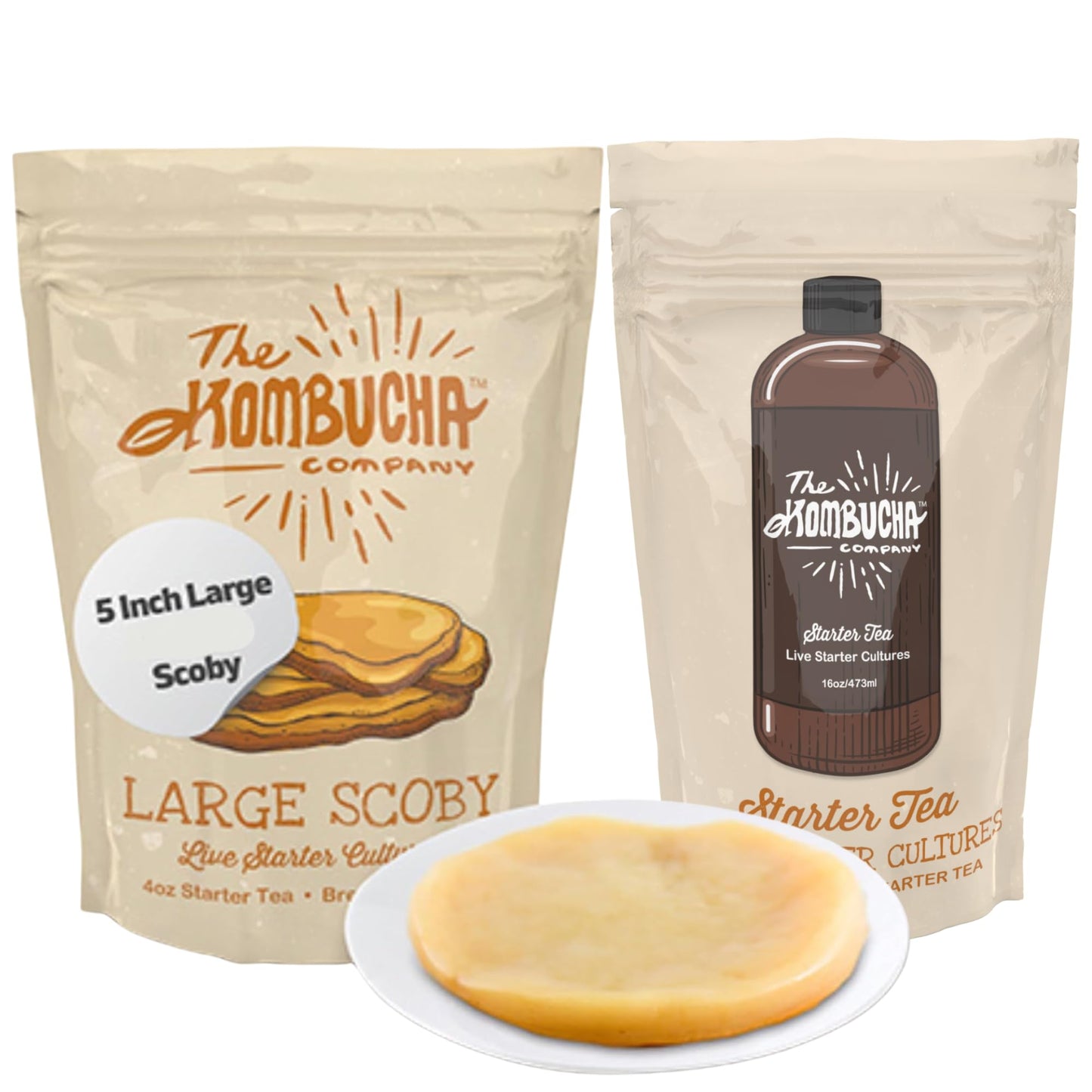 The Kombucha Company Large Kombucha Scoby with 16oz Starter Tea & Brewing Guide - Makes One Gallon at Home