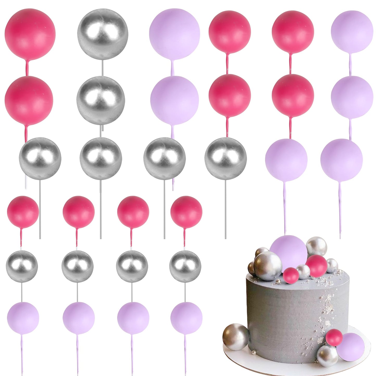 Rsstarxi Mini Balloons & Foam Balls Cake Toppers - DIY Decorations - Silver Red Purple - Model XM402