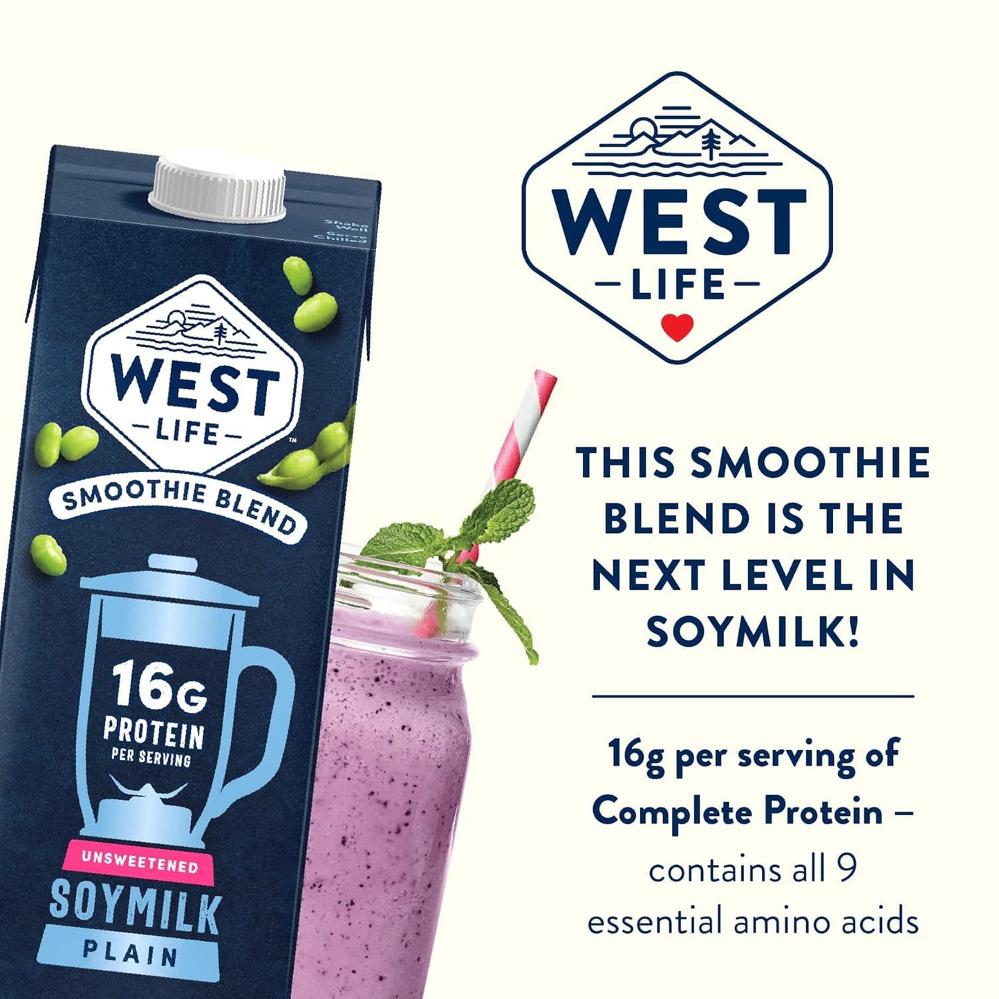 West Life Smoothie Blend Soy Milk, Unsweetened, 16g of Protein, Vegan Dairy Alternative, Lactose-Free, 32oz (Pack of 6)