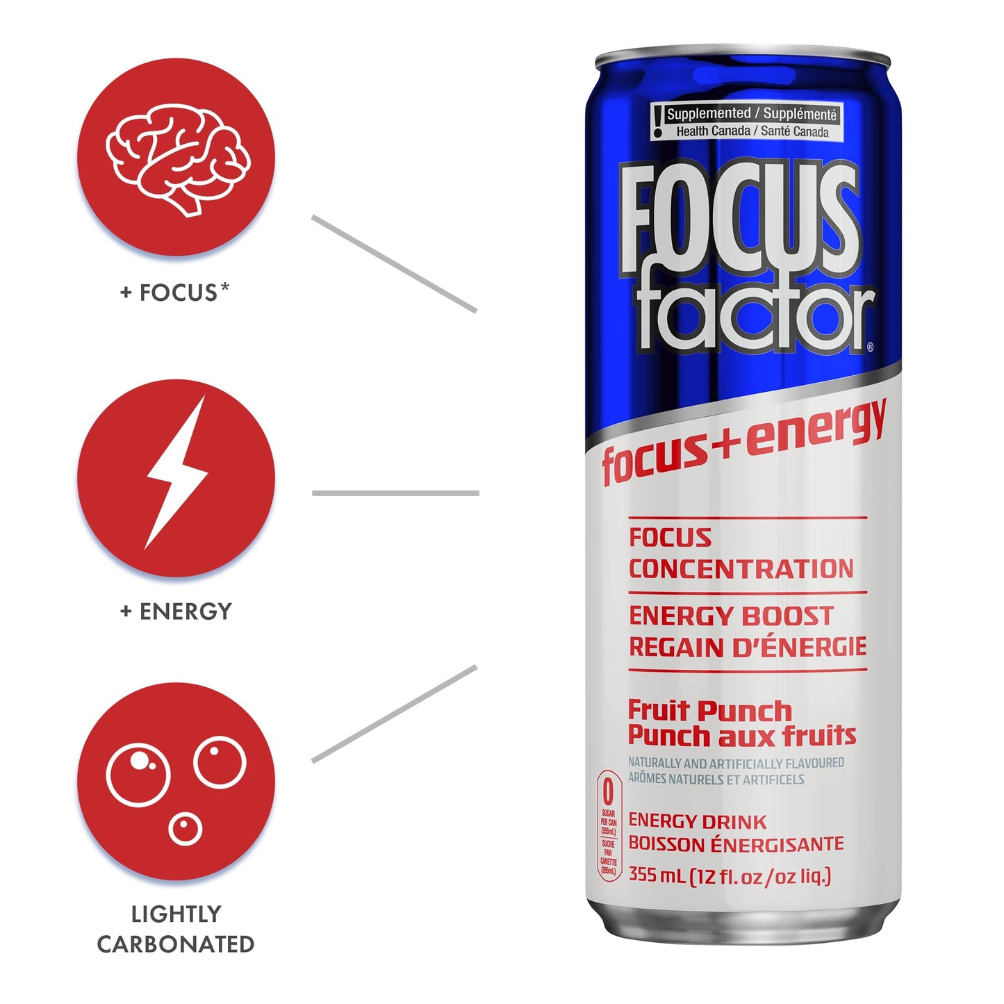 Focus Factor Energy Drink - Fruit Punch - 12 x 355ml Cans - Sugar Free, Low Calorie, Lightly Carbonated - Red