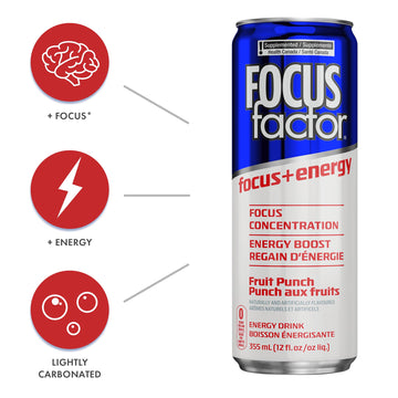 Focus Factor Energy Drink - Fruit Punch - 12 x 355ml Cans - Sugar Free, Low Calorie, Lightly Carbonated - Red