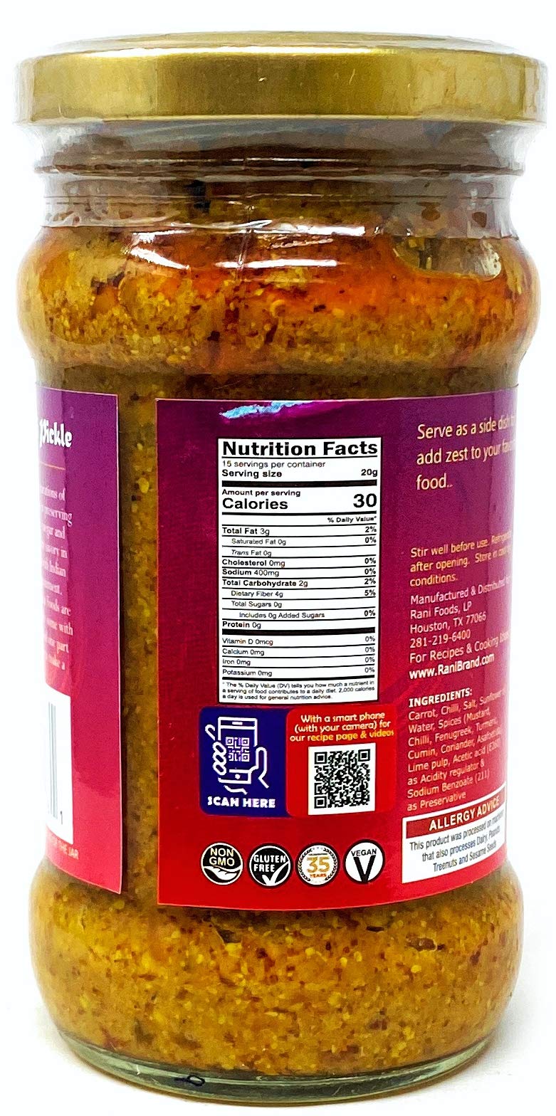 Rani Carrot & Chilli Pickle Hot (Achar, Spicy Indian Relish) 10.5Oz (300G) Glass Jar ~ Vegan | Gluten Free | Non-Gmo | No Colors