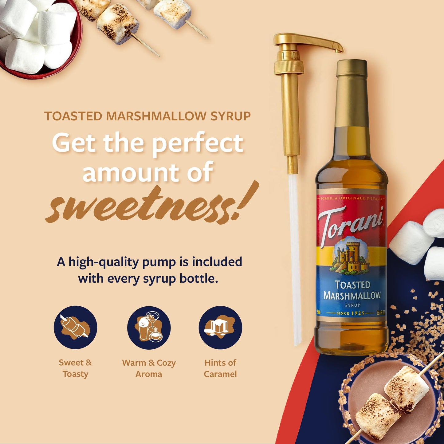 Torani Coffee Syrup, Toasted Marshmallow Flavored Syrup For Drinks, Pump Included, 25.4 Fl Oz