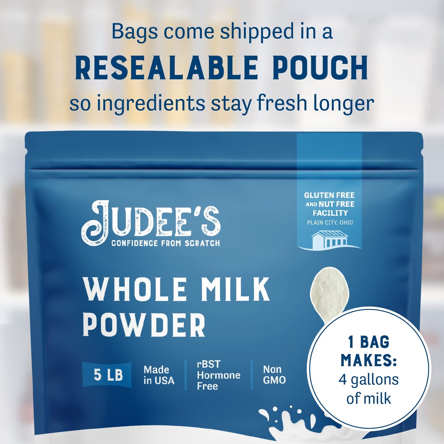 Judees Whole Milk Powder - Non-GMO, rBST  -Free, Gluten-Free - 5 lb