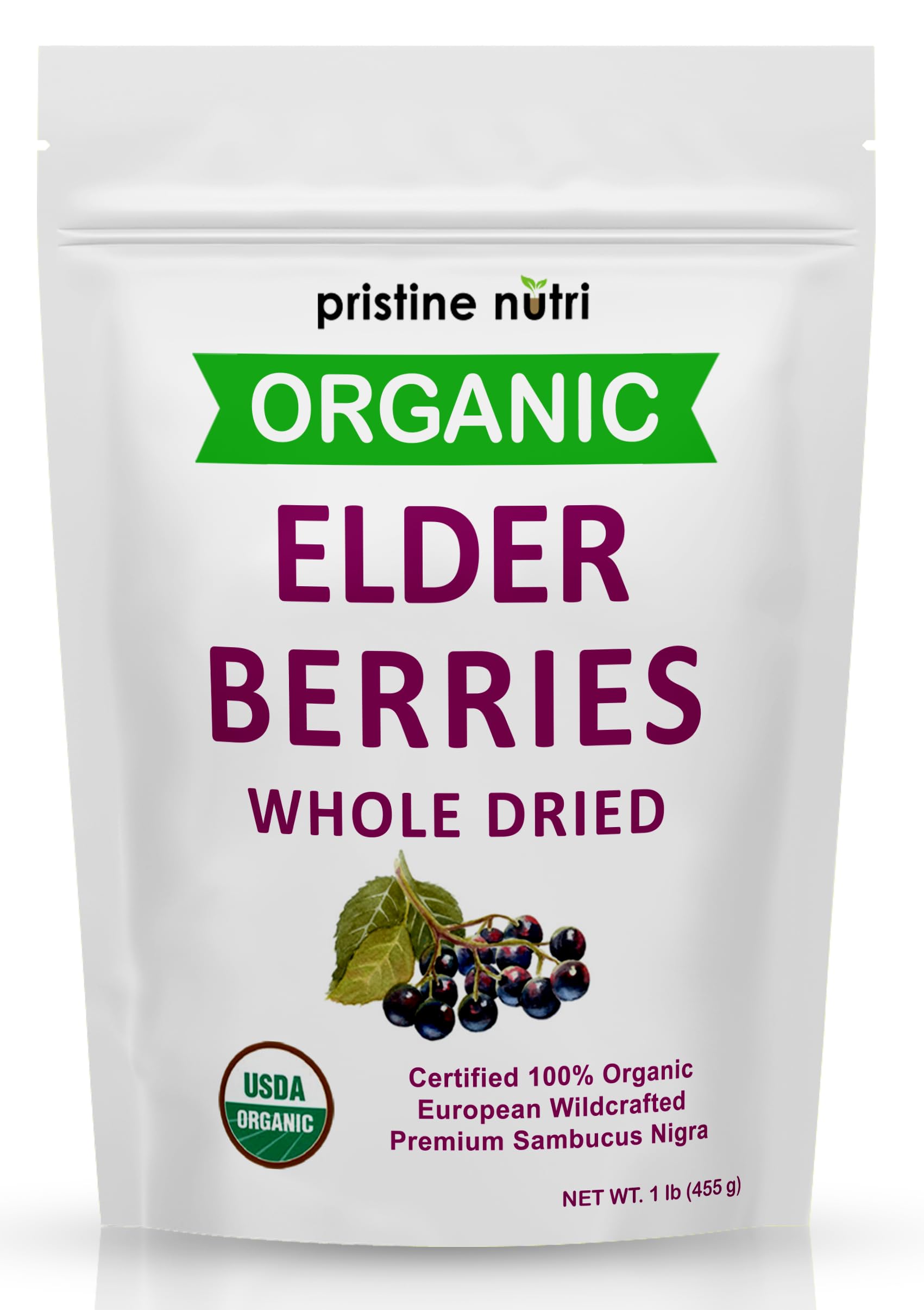Pristine Nutri Organic Dried Elderberries | Non-GMO, Wildcrafted | 16 oz