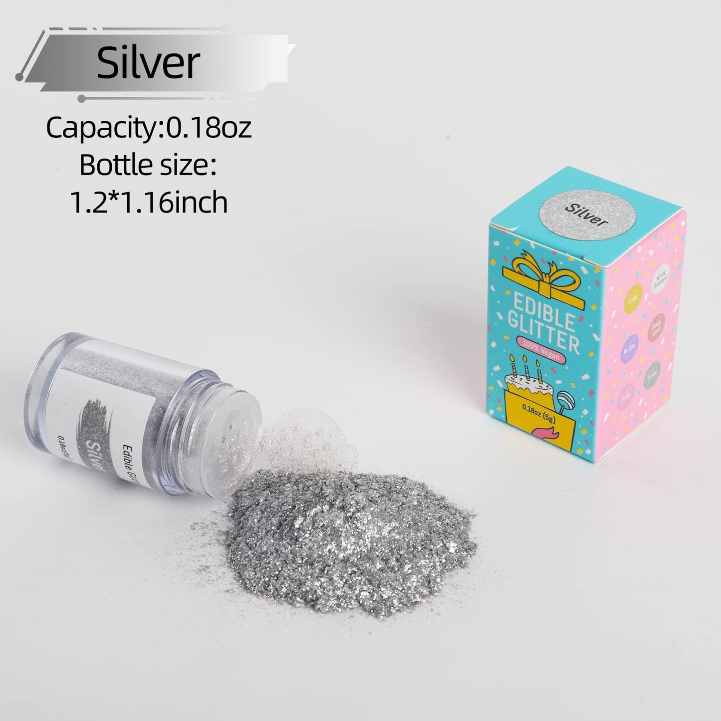 Jelife Silver Edible Glitter For Cake Decorating - 5 Grams Food Grade Luster Glitter Dust, Sprinkle On Sparkle Edible Powder Foo