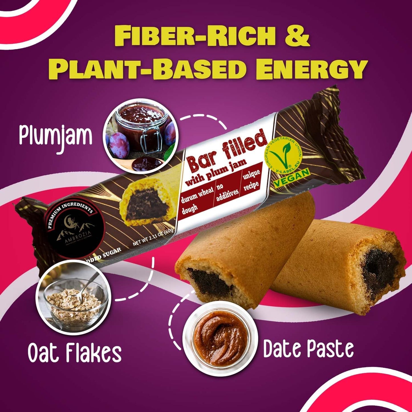 AMBROZIA Vegan Snack Bars – Plum-Filled, Clean-Label, No Added Sugar, 5 x 60g Individually Wrapped