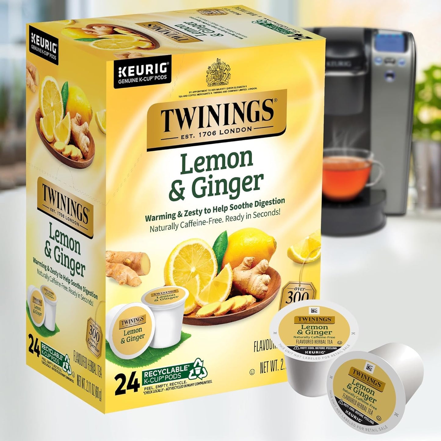 Twinings Lemon & Ginger Herbal Tea K-Cup Pods, Naturally Caffeine-Free, 24 Count (Pack of 2), Yellow