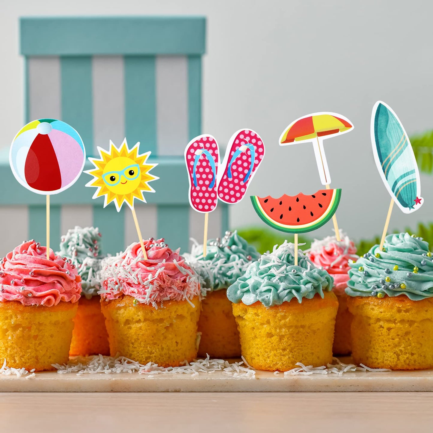 Epakh 100 Pcs Summer Beach Cupcake Toppers Pool Party Hawaiian Theme Cake Picks With Beach Ball Sun Umbrella Goggles Cake Decora