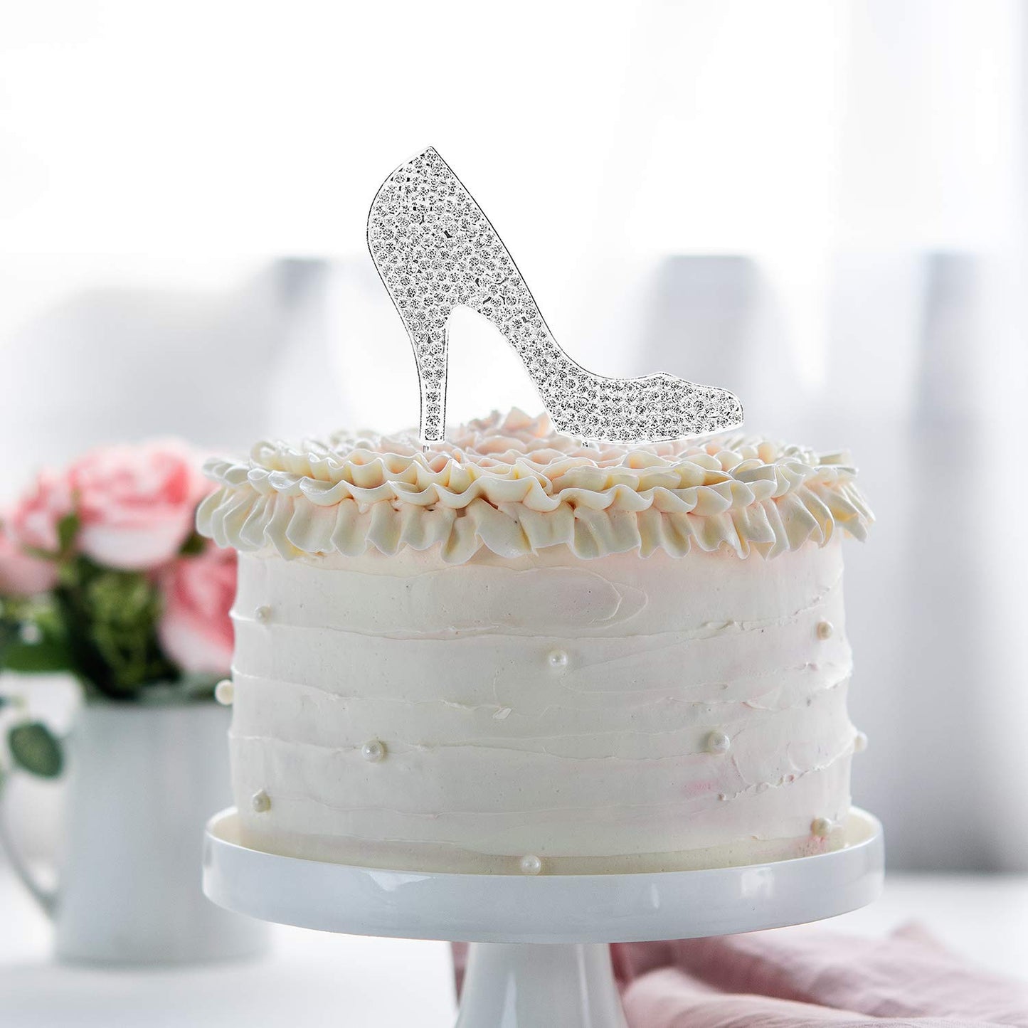 LINGTEER High Heel Cake Topper Silver Rhinestone Crystal 3.94x6.69