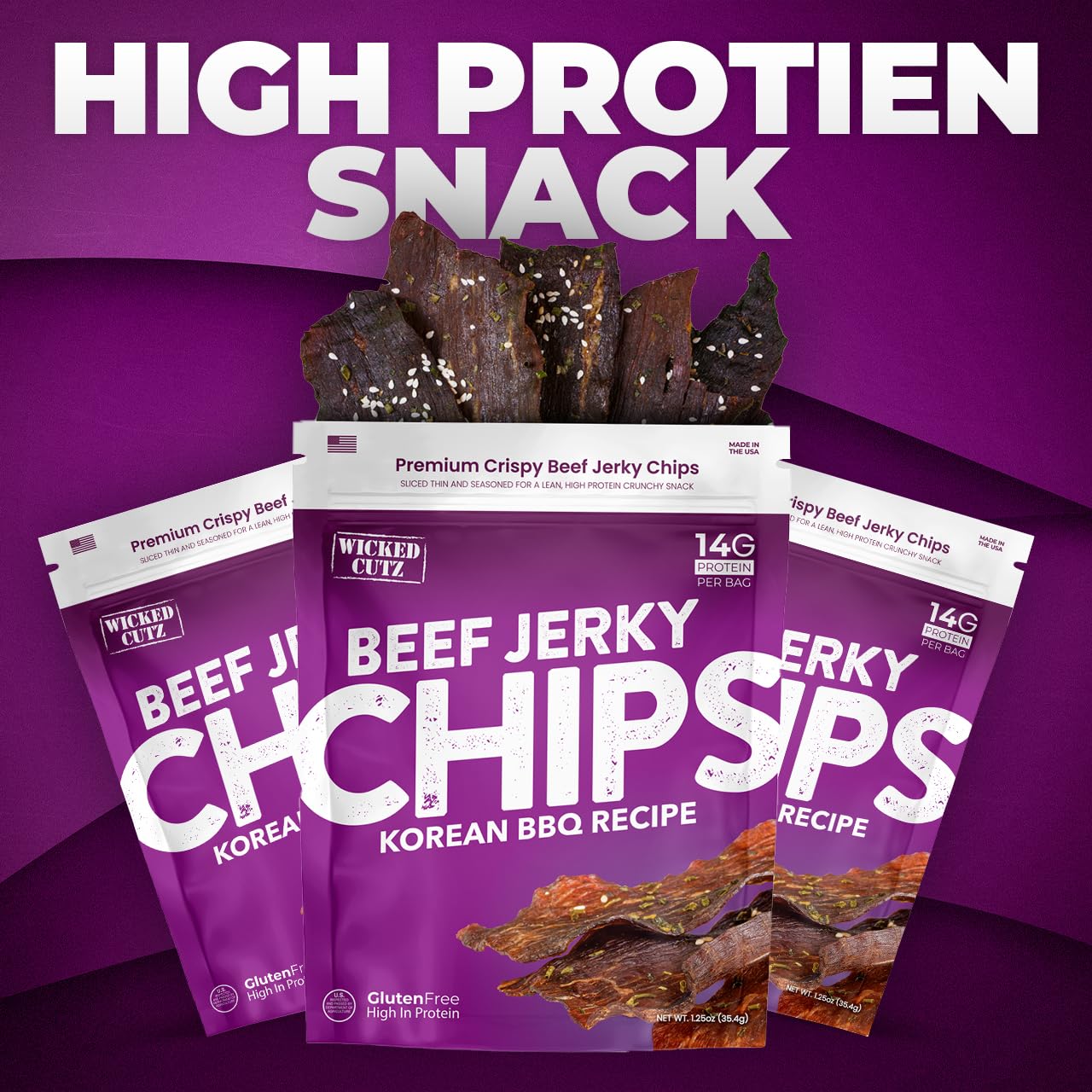 Wicked Cutz Korean Bbq Beef Jerky Chips, 14G Protein Per Bag, Crispy & Crunchy Beef Jerky Crisps, Usa Made Barbeque Flavored Chi