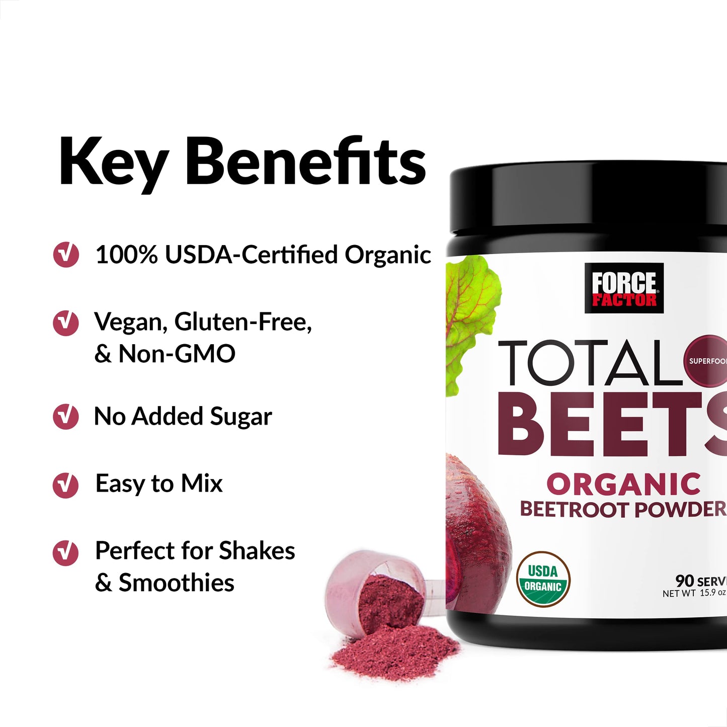 Force Factor Organic Beetroot Powder Superfood, Vegan, Gluten-Free, Non-GMO, 15.9 oz, Unflavored, 90 Servings