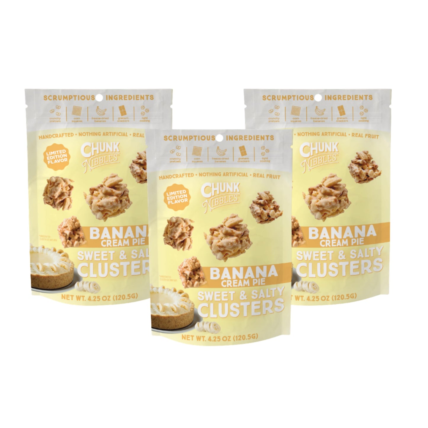 Chunk Nibbles Banana Cream Pie Snack Clusters - Real Freeze-Dried Bananas, Pretzels & Corn Squares - Gourmet Fruity Sweet & Salt
