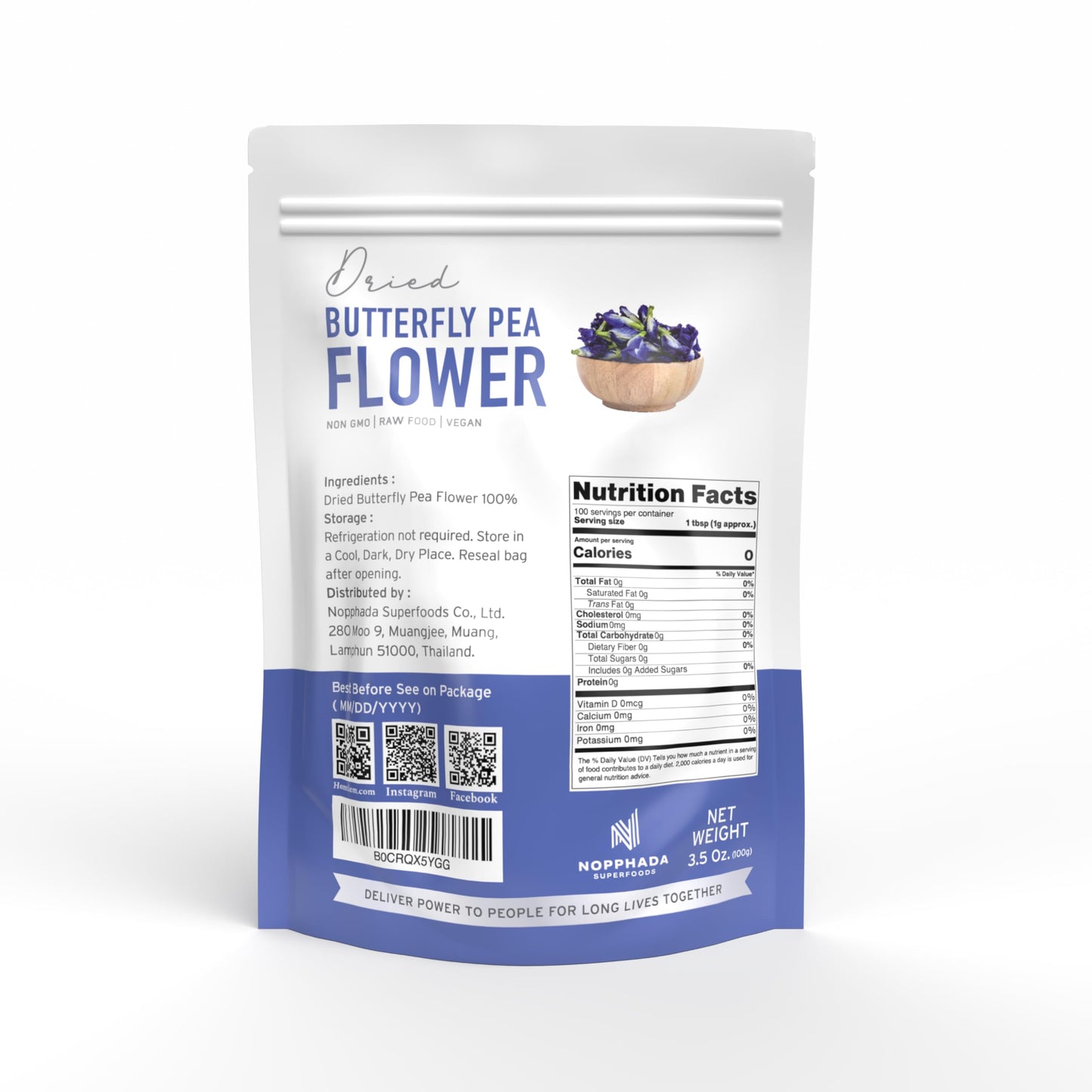HOMTIEM Organic Dried Butterfly Pea Flower, Non-GMO, Vegan, 100g