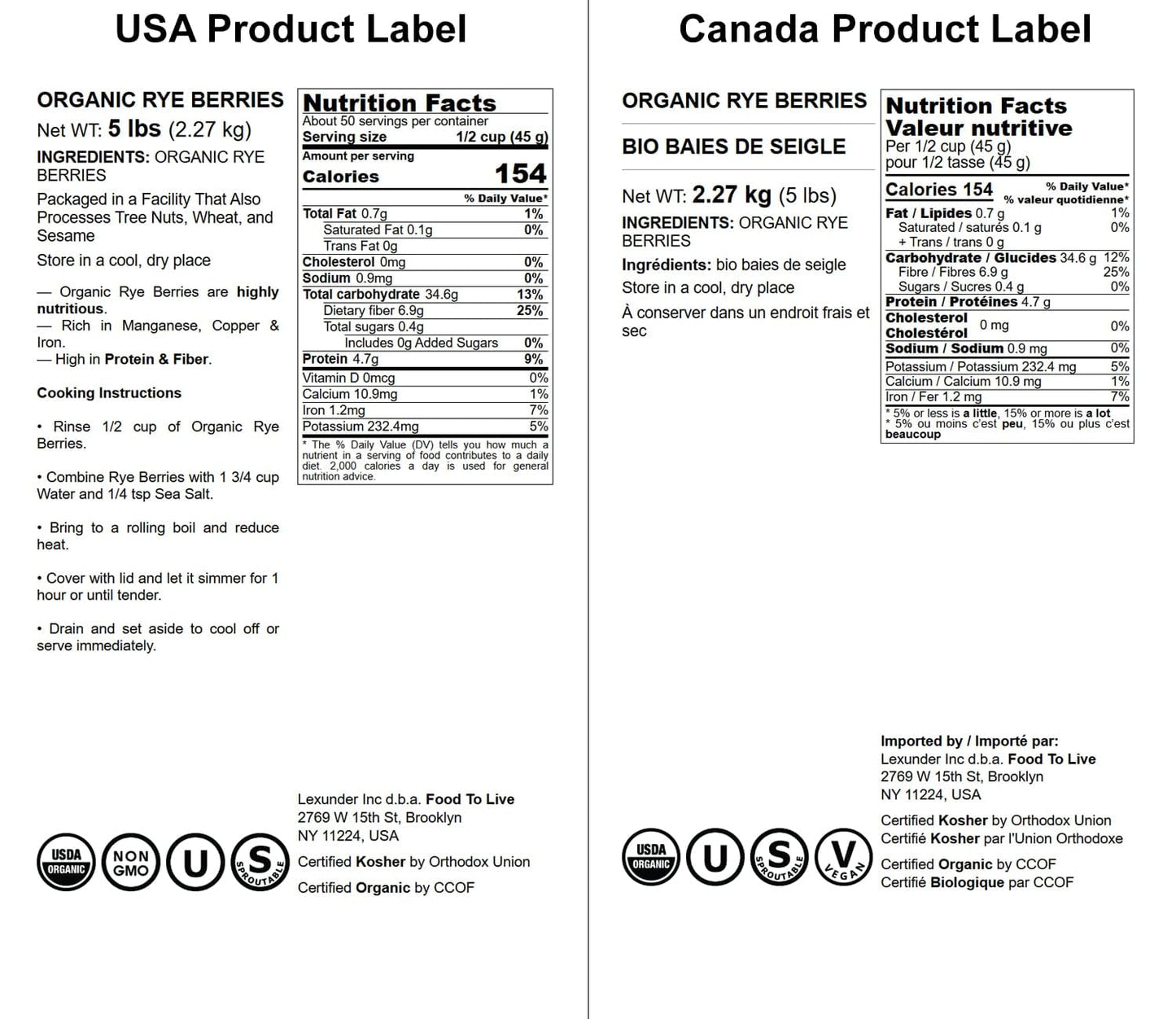 Food to Live Organic Rye Berries, Non-GMO, Kosher, Raw, 5 Pounds, Bulk Seeds, USA