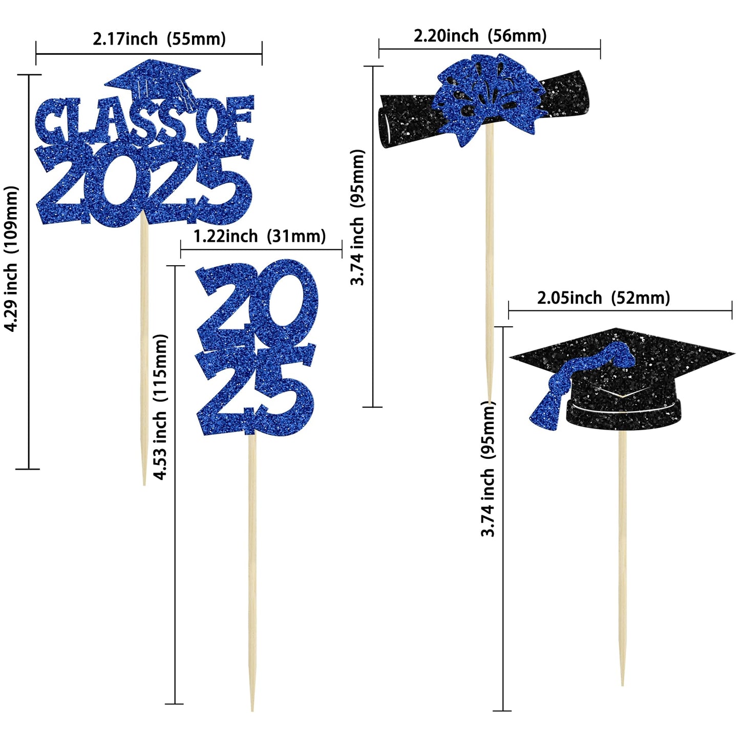Ephlyn 36Pcs Graduation Cupcake Toppers Dark Blue Glitter Class of 2025 Diploma Cap Picks for Party Decorations