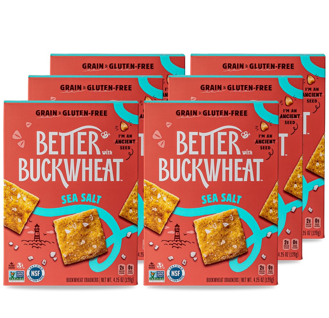 Better with Buckwheat Sea Salt Crackers, 6-Pack - A Complete Protein, Gluten-Free Crackers, Healthy Snack Crackers, Grain-Free, 