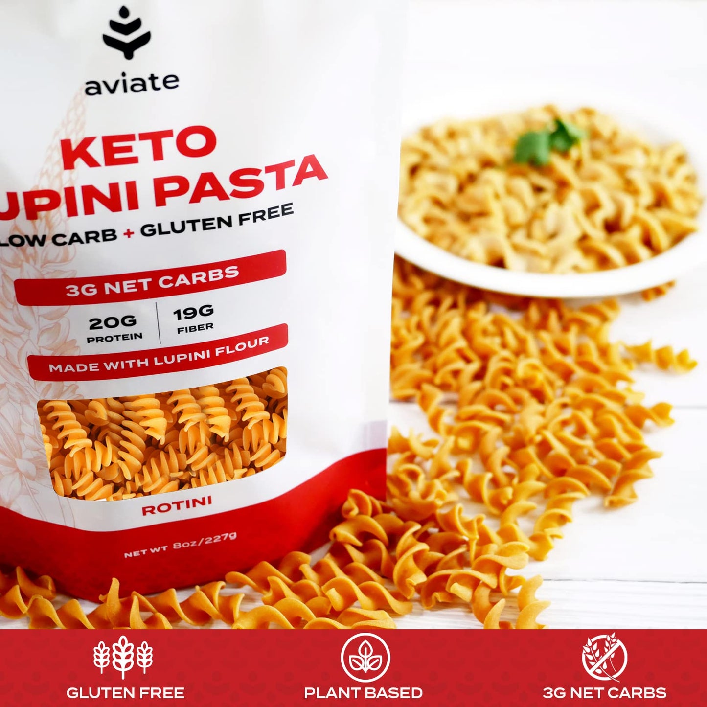 Aviate Keto Pasta Rotini - Low Carb (3G Net) Lupini Noodles, High Protein (20G), Gluten-Free, Made With Lupin Flour, Plant Based