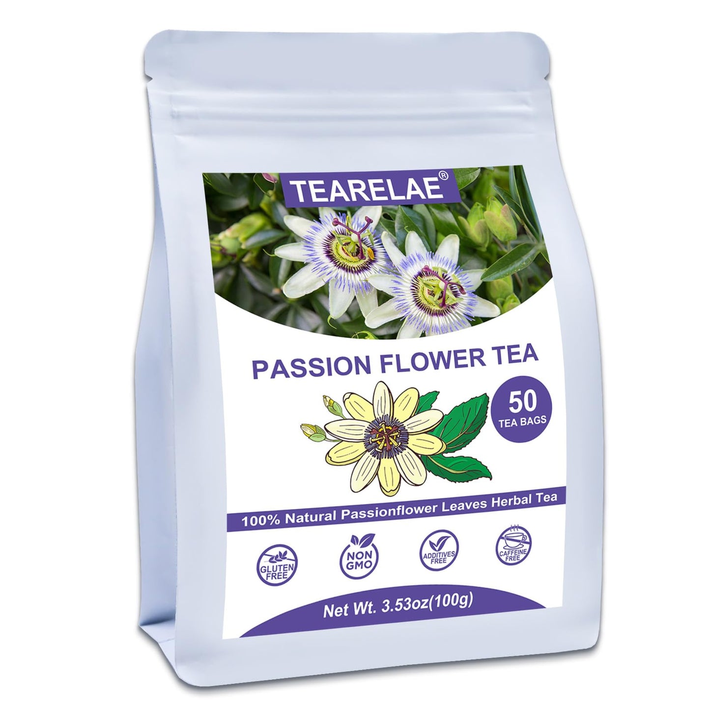 TEARELAE Passion Flower Tea Bags, Caffeine-Free, Non-GMO, 50 Count