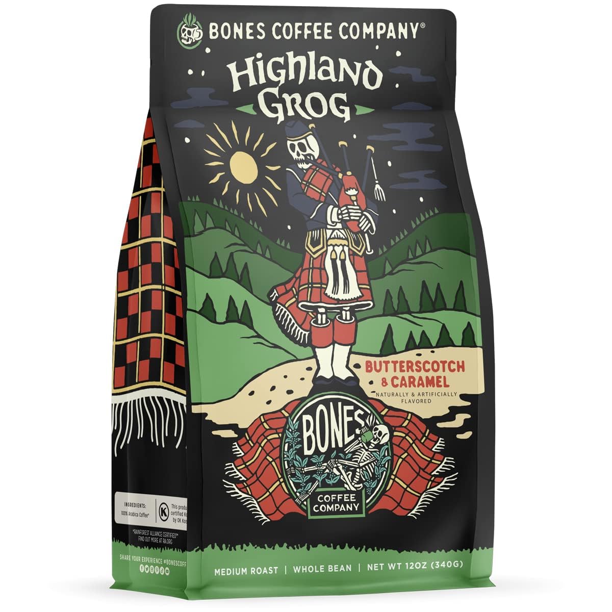 Bones Coffee Company Decaf Highland Grog Whole Coffee Beans Butterscotch Caramel Flavor, Low Acid Flavored Coffee, Made With Ara