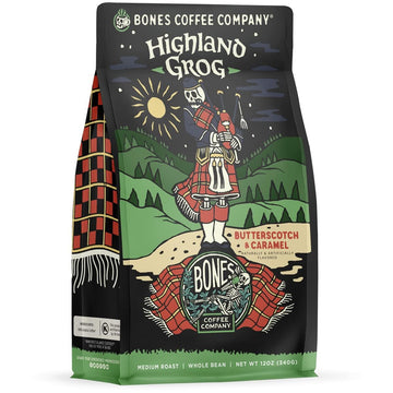 Bones Coffee Company Decaf Highland Grog Whole Coffee Beans Butterscotch Caramel Flavor, Low Acid Flavored Coffee, Made With Ara